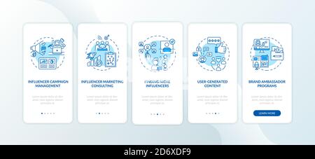 Influencer marketing services onboarding mobile app page screen with concepts Stock Vector
