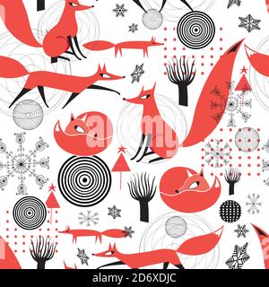 Seamless vector pattern of red foxes snowflakes and trees. Template for a fabric, website, or poster. Stock Vector