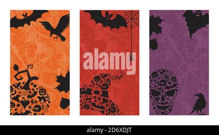 Three vertical backgrounds with halloween black details. Stock Vector