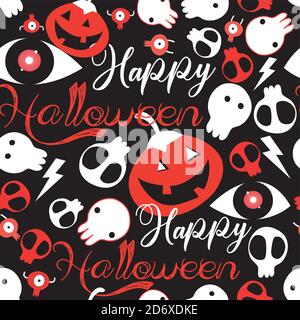 Seamless festive Halloween pattern with skulls and pumpkins on a dark background. Template for a website or fabric. Stock Vector