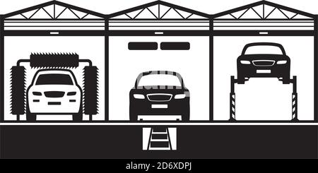 Car service with stand, canal and car wash - vector illustration Stock Vector