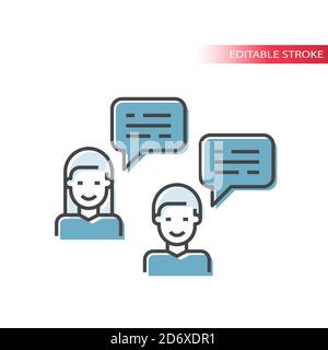 Web conversation, male and female line vector icon. Boy, girl and chat bubble, conversation outline symbol, editable stroke. Stock Vector