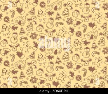 Christmas seamless pattern with hand drawn gingerbread cookies isolated on yellow background. EPS 10 vector illustration. Stock Vector