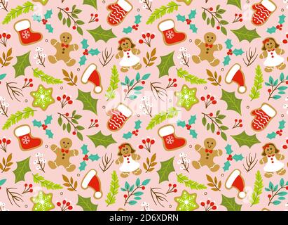 Christmas seamless pattern with seasonal leaves; branches and gingerbread cookies. Pink background. EPS 10 vector illustration. Stock Vector