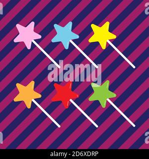 Colorful set of Star shape lollipop candy vector illustration on diagonal striped background. Magical Star Stick Stock Element design template. Stock Vector