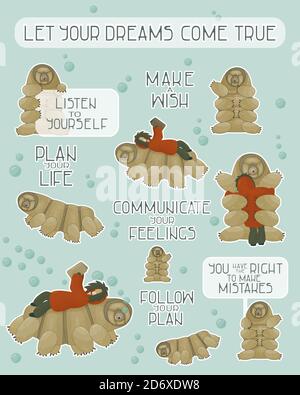 Set of brown tardigrades with reading human, different phrases from water bear. Let you dreams come true, let yourself make mistakes, make a wish, cre Stock Vector