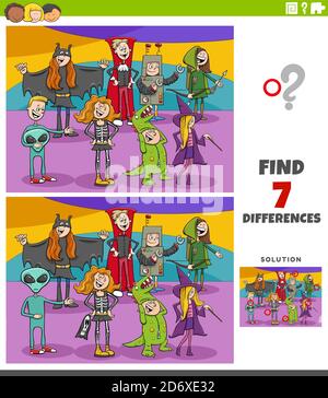 Cartoon Illustration of Finding Differences Between Pictures Educational Game for Children with Halloween Characters Group Stock Vector