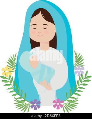 Nativity scene concept, cartoon virgin mary holding a baby jesus in her arms and decorative flowers around over white background, flat style, vector illustration Stock Vector