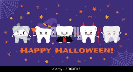 Teeth in carnival costume on dental Happy Halloween greeting card. Stock Vector