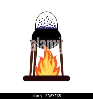 Halloween witches black cauldron with poison potion and fire isolated on white background. Stock Vector