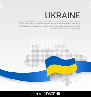 Ukraine wavy flag and mosaic map on white background. Wavy ribbon colors of Ukraine flag. National poster. Vector design. Business booklet. State ukra Stock Vector
