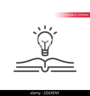 Light bulb and open book vector icon. Lightbulb, knowledge, education concept outline icon, editable stroke. Stock Vector