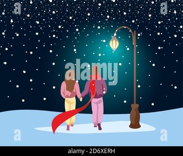 Couple in love walking in park under snow along path lit by street lantern. Male and female winter outdoors romantic evening under glowing lamp post. Human relationship concept vector eps illustration Stock Vector