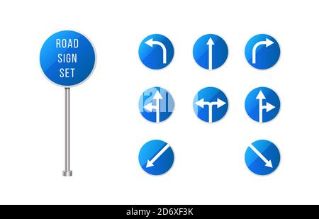 European road signs set . Blue rounded road sign set with arrows . Pointer signs set. Stock Vector