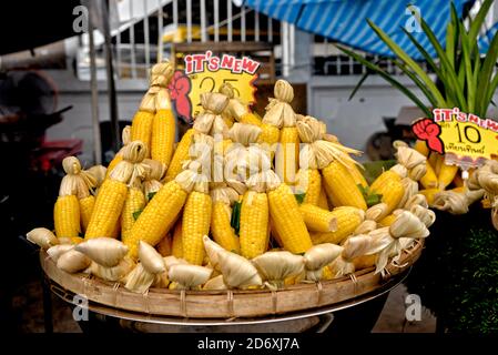 Corn on the cob for sale at a Thailand street food venue. Stock Photo