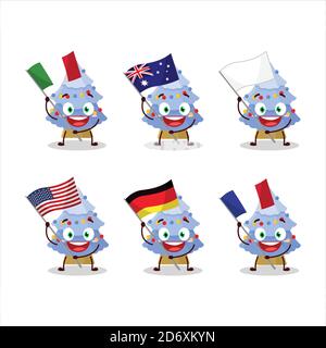 Blue christmas tree cartoon character bring the flags of various countries Stock Vector