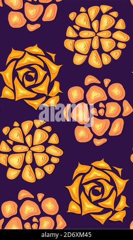 Seamless texture with succulents cut out of paper in orange color with a top view on violet background. Vector neon pattern for fabrics, wallpaper and Stock Vector