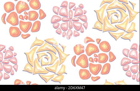 Seamless texture with gentle succulents cut out of paper in pastel color  with a top view on white background. Vector pattern for fabrics, wallpaper a Stock Vector