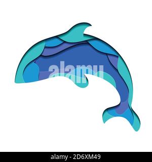 Illustration of silhouette of grampus with 3d element cut out of paper in blue colors.  Killer whale. Vector summer element for your design Stock Vector