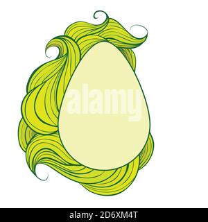 Greeting card with egg and green wavy hairy curls. Object is separated from the background. Vector Easter card for greetings, invitations, banners and Stock Vector