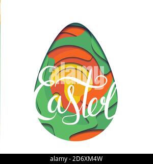 Illustration of egg carving of paper with paint whirlpool, shadow and  Easter lettering. Vector easter element for card for greetings, invitations, ba Stock Vector