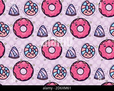 Seamless texture with cute, kawai donut and candy on pink polka background. Vector pattern for textiles, fabrics, wrapping paper, cards and for your d Stock Vector
