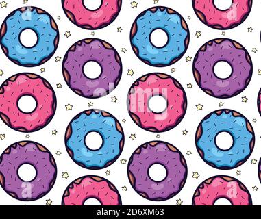 Seamless texture with cute, kawai colorful donut with little stars on white background. Vector pattern for textiles, fabrics, wrapping paper, cards an Stock Vector