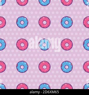 Seamless texture with cute, kawai pink and blue donut on white background. Vector pattern for textiles, fabrics, wrapping paper, cards and for your de Stock Vector