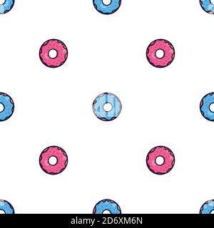 Seamless texture with cute, kawai pink and blue donut on white background. Vector pattern for textiles, fabrics, wrapping paper, cards and for your de Stock Vector