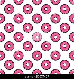 Seamless texture with cute, kawai pink donut on white background. Vector pattern for textiles, fabrics, wrapping paper, cards and for your design Stock Vector
