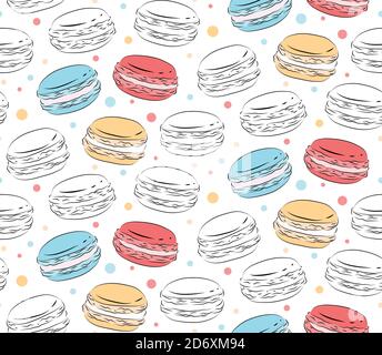 Seamless pattern of contour macaroons with color spots on a white background. Vector texture for fabrics, wallpapers, backgrounds and your creativity. Stock Vector