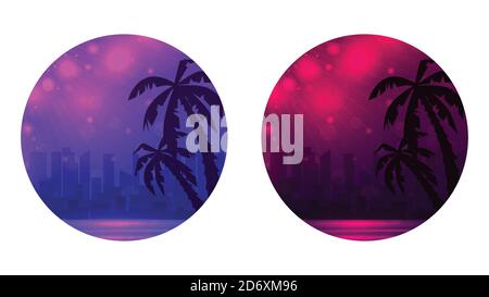 Set of round banner with Evening illustration of a city beach with palm trees. Object separated from the background. Vector landscape for your design. Stock Vector