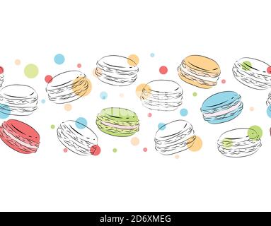 Seamless border of delicate contour macaroons with color dots. Vector element for frames, cards, backgrounds and your creativity. Stock Vector