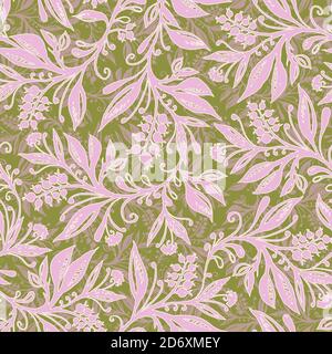Floral seamless pattern with leaves and berries in chartreuse green, pink, cream and taupe colors, hand-drawn and digitized. Design for wallpaper, textile, fabric, wrapping, background. Stock Vector