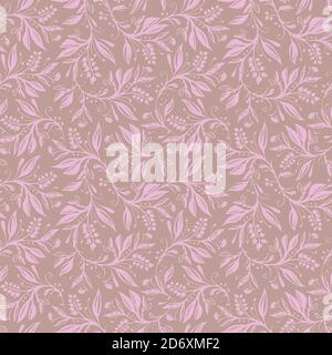 Floral seamless pattern with leaves and berries in pink and taupe colors, hand-drawn and digitized. Design for wallpaper, textile, fabric, wrapping, background. Stock Vector
