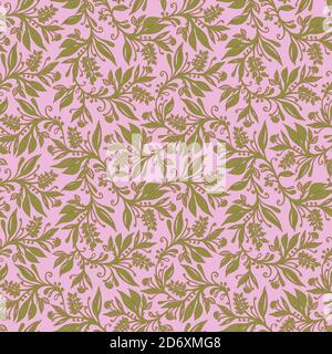 Floral seamless pattern with leaves and berries in chartreuse green, pink, wine red colors, hand-drawn and digitized. Design for wallpaper, textile, fabric, wrapping, background. Stock Vector