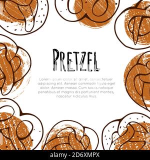 Square card with outline cartoon pretzels, grunge circles and place for text. Banner with contour Bavarian baked treats with scratches. Vector templat Stock Vector