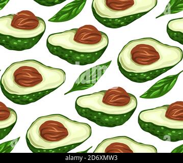 Seamless pattern with avocado halves and leaf on a white background. Ingredients for Guacomole. Keto diet. Vector texture for wallpaper, fabrics, wrap Stock Vector