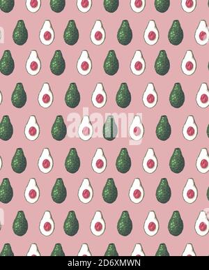 Seamless pattern with avocado halves in row on pink background. Ingredients for Guacomole. Keto diet. Vector texture for wallpaper, fabrics, wrapping Stock Vector
