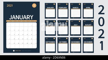 vector Calendar 2021 new year planner set 12 month in clean minimal table simple design style and navy blue color,vertical holiday event template cale Stock Vector