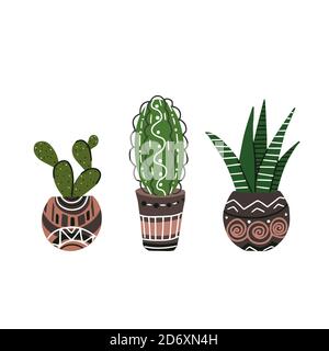 Set of colorful flat cactus and succulent in pots with decorations. Boho style. Vector doodle element for card, pins, sticker, card and your creativit Stock Vector