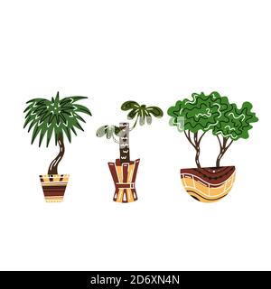 Set of colorful flat house trees in pots with decorations. Palm tree, bonsai and yucca. Boho style. Vector doodle element for card, pins, sticker, car Stock Vector