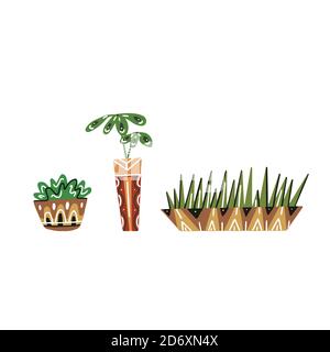 Set of colorful flat house trees in pots with decorations. Grass, palm and basil. Boho style. Vector doodle element for card, pins, sticker, card and Stock Vector
