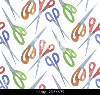 Seamless pattern with cartoon color scissors on white background. Secateurs and nippers. Sewing, gardening and hairdressing tools. Vector flat texture Stock Vector