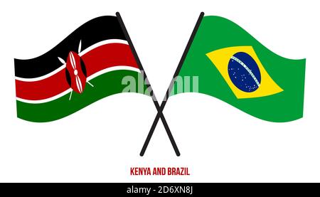 Kenya and Brazil Flags Crossed And Waving Flat Style. Official Proportion. Correct Colors. Stock Vector