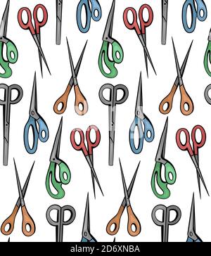 Seamless pattern with cartoon color scissors on white background. Secateurs and nippers. Sewing, gardening and hairdressing scissors. Vector texture f Stock Vector