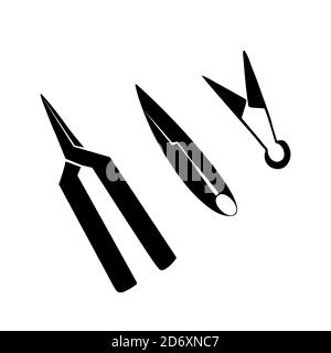 Set of silhouettes of scissors, pruners and shears. Black outline separate from the background. Equipment for sewing and gardening. Vector object for Stock Vector