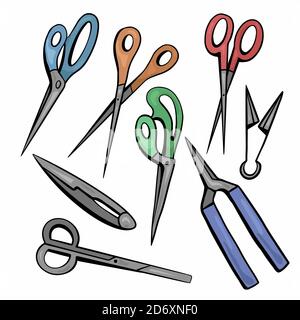 Set of sketches of various types of color scissors. Secateurs and nippers. Sewing, gardening and hairdressing scissors. Contour cartoon vector objects Stock Vector
