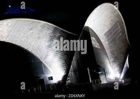 Primorsky Oceanarium on the Russian Island. Night illumination of the Primorsky Oceanarium. Stock Photo