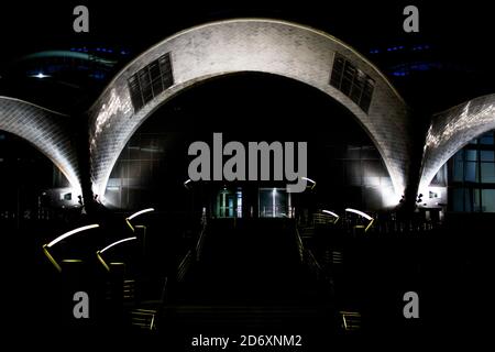 Primorsky Oceanarium on the Russian Island. Night illumination of the Primorsky Oceanarium. Stock Photo